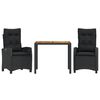 vidaXL 3 pcs conjunto de jantar p/ jardim c/ almofad&otilde;es vime PE preto