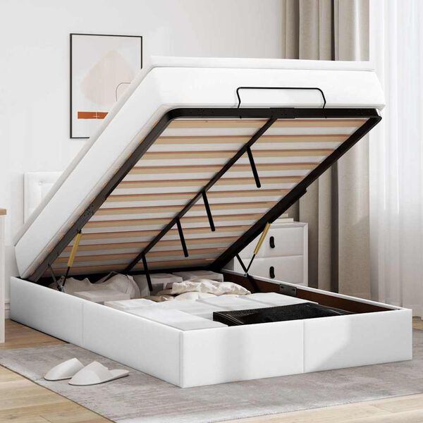 vidaXL Estrutura de cama otomana com colch&atilde;o branco couro falso