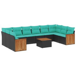 vidaXL Conjunto de sof&aacute; de jardim com 11 pe&ccedil;as e almofadas em rattan sint&eacute;tico preto