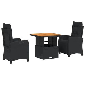 vidaXL 3 pcs conjunto de jantar p/ jardim c/ almofad&otilde;es vime PE preto