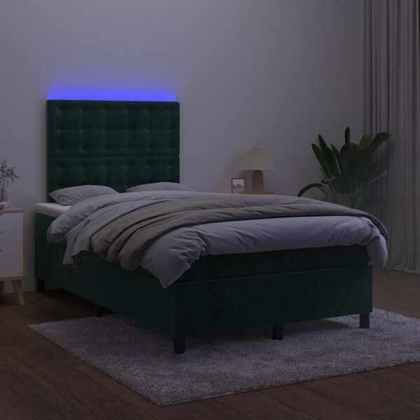 vidaXL Cama box spring com colch&atilde;o e luzes LED veludo verde-escuro