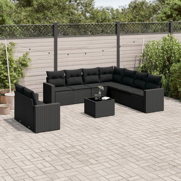 vidaXL 10 pcs conjunto sof&aacute;s de jardim c/ almofad&otilde;es vime PE preto