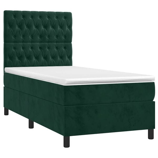 vidaXL Cama box spring c/ colch&atilde;o/LED 100x200 cm veludo verde-escuro