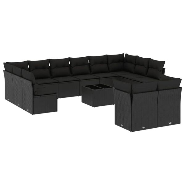 vidaXL 13 pcs conjunto de sof&aacute;s de jardim com almofad&otilde;es vime PE preto