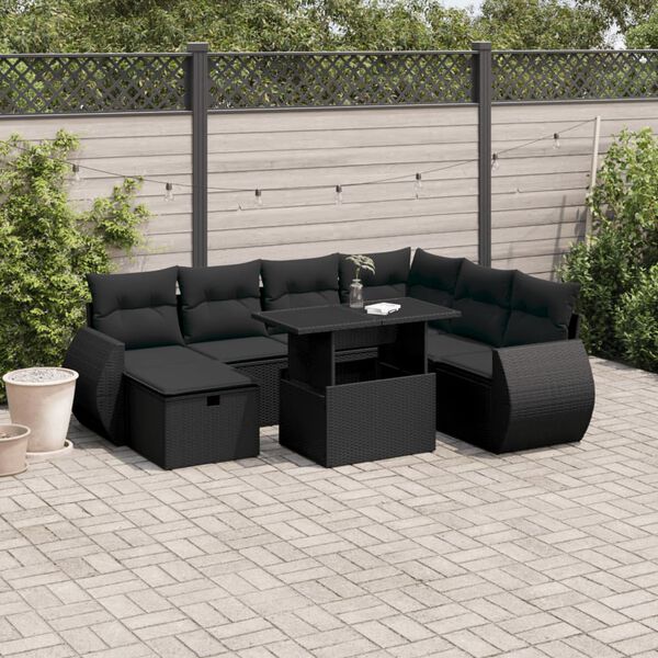 vidaXL 8 pcs conjunto sof&aacute;s de jardim com almofad&otilde;es vime PE preto