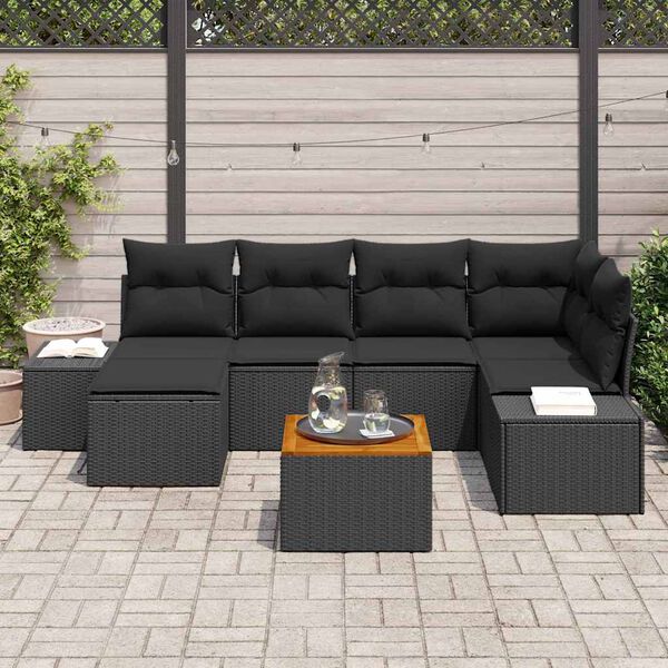 vidaXL Conjunto de Sof&aacute; de Jardim com almofada 7 pcs Preto vime PE
