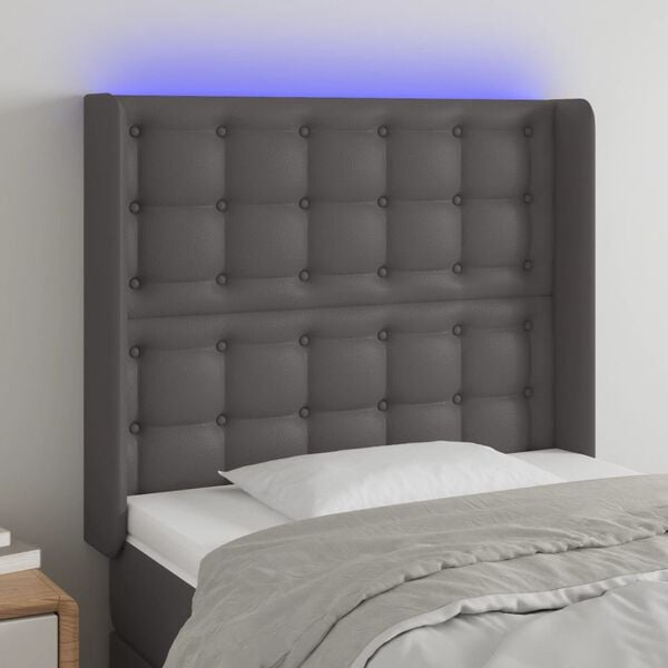 vidaXL Cabeceira cama c/ LED couro artif. 103x16x118/128 cm cinzento
