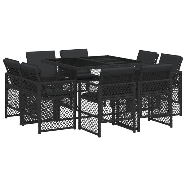 vidaXL 9 pcs conjunto de jantar p/ jardim c/ almofad&otilde;es vime PE preto