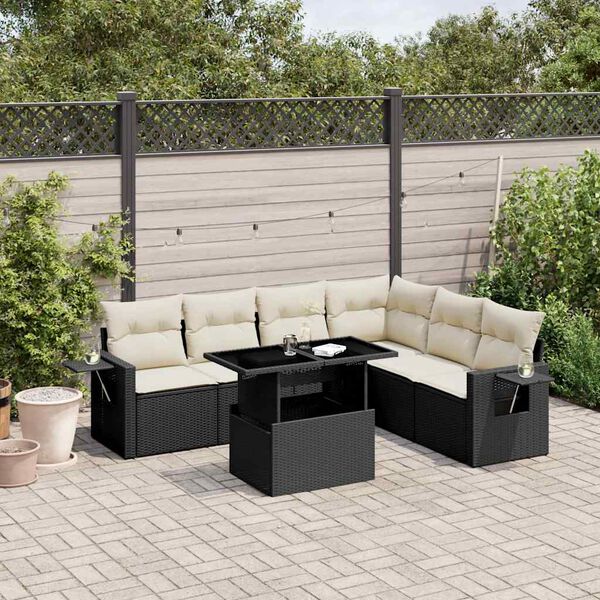vidaXL 7 pcs conjunto de sof&aacute;s p/ jardim c/ almofad&otilde;es vime PE preto