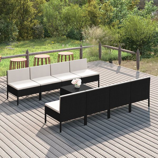 vidaXL 9 pcs conjunto lounge de jardim c/ almofad&otilde;es vime PE preto