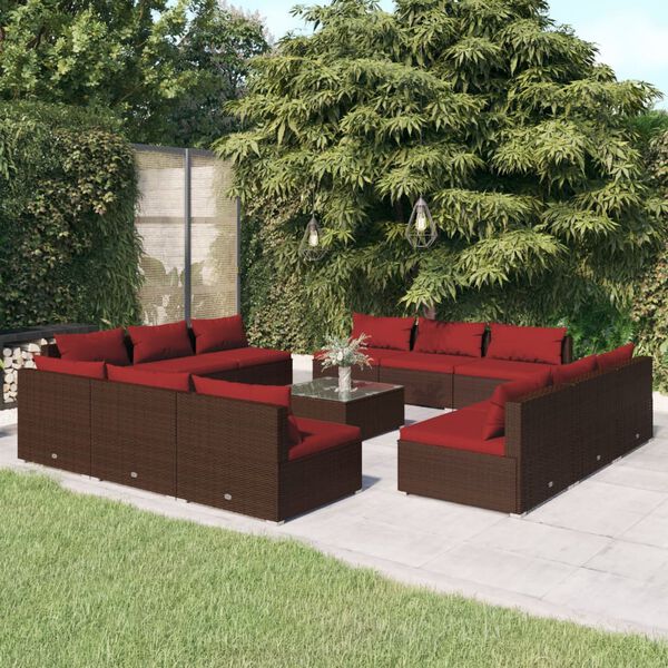 vidaXL 13 pcs conjunto lounge jardim c/ almofad&otilde;es vime PE castanho