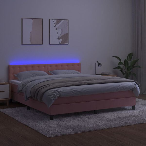 vidaXL Cama box spring c/ colch&atilde;o/LED 160x200 cm veludo rosa