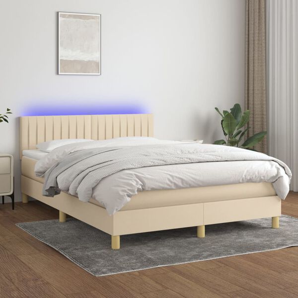 vidaXL Cama box spring c/ colch&atilde;o e LED 140x200 cm tecido cor creme