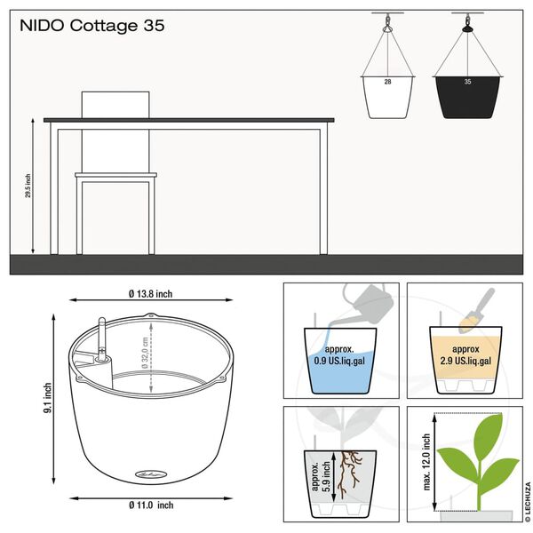 LECHUZA Vaso suspenso NIDO Cottage 35 ALL-IN-ONE preto grafite