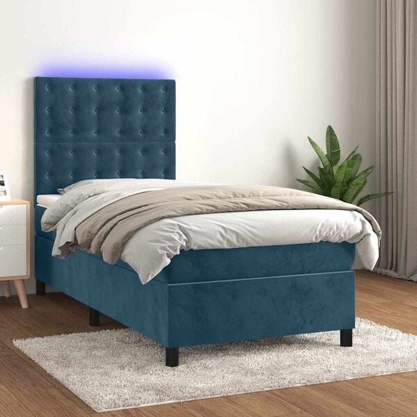 vidaXL Cama box spring c/ colch&atilde;o/LED 100x200 cm veludo azul-escuro