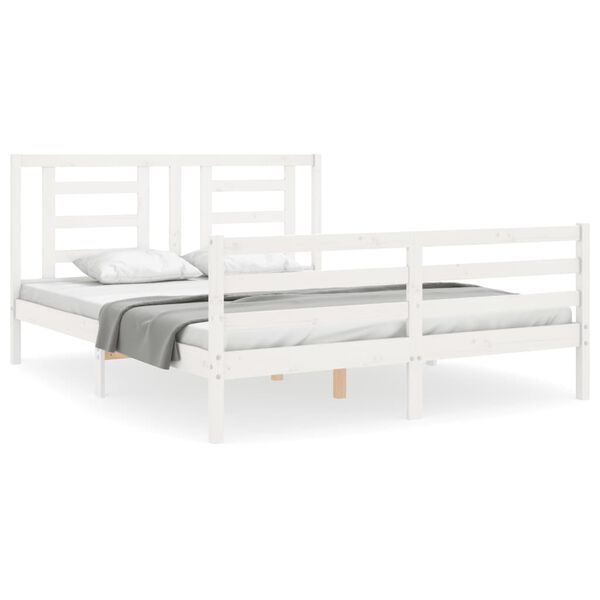 vidaXL Estrutura de cama King Size com cabeceira madeira maci&ccedil;a branco
