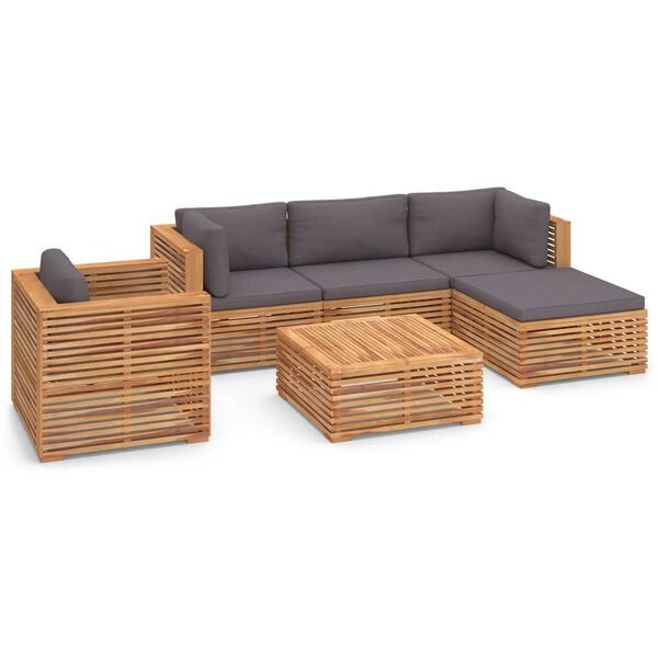 vidaXL 6 pcs conj. lounge jardim + almofad&otilde;es cinza-escuro teca maci&ccedil;a