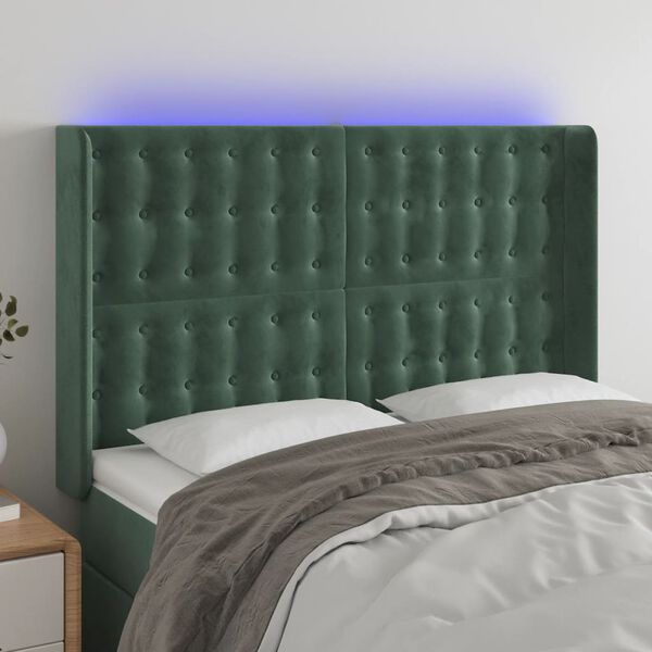 vidaXL Cabeceira de cama c/ LED veludo 147x16x118/128 cm verde-escuro