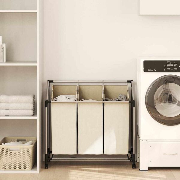 vidaXL Separador de roupa suja com 3 sacos aço creme