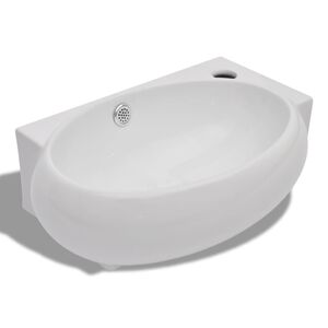 Lavat&oacute;rio cer&acirc;mica branco com abertura para torneira e orif&iacute;cio de descarga