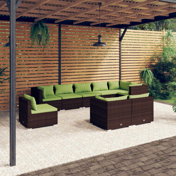 vidaXL 9 pcs conjunto lounge de jardim c/ almofad&otilde;es vime PE castanho