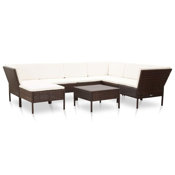 vidaXL 8 pcs conjunto lounge jardim c/ almofad&otilde;es vime PE castanho