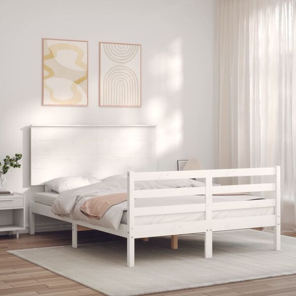 vidaXL Estrutura de cama com cabeceira 140x190cm madeira maci&ccedil;a branco