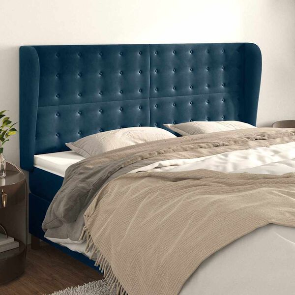 vidaXL Cabeceira cama c/ abas veludo 203x23x118/128 cm azul-escuro