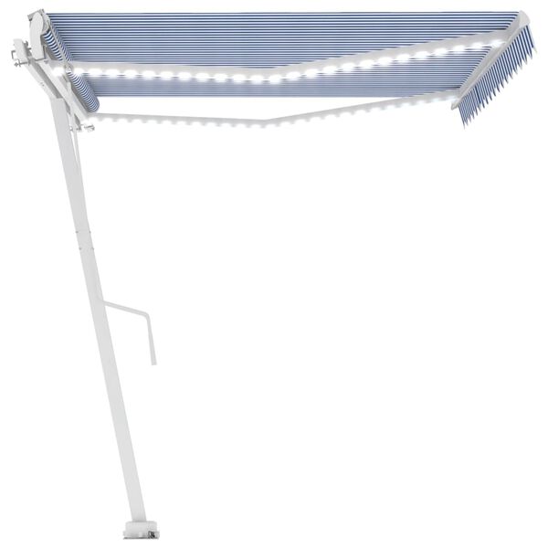 vidaXL Toldo autom. c/ LED e sensor de vento 450x300 cm azul/branco
