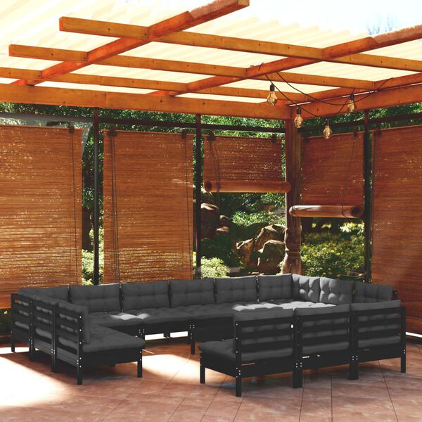 vidaXL 14 pcs conjunto lounge jardim c/ almofad&otilde;es pinho maci&ccedil;o preto