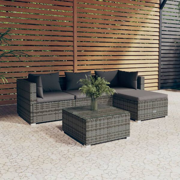vidaXL 5 pcs conjunto lounge de jardim c/ almofad&otilde;es vime PE cinzento