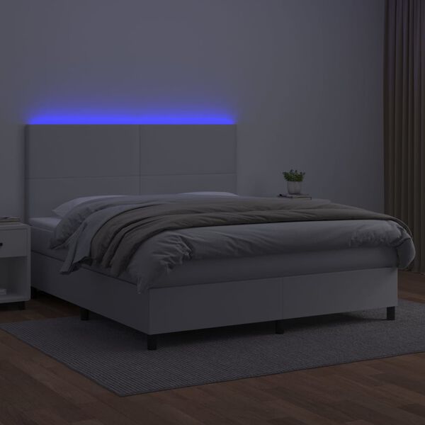 vidaXL Cama box spring c/colch&atilde;o/LED 160x200cm couro artificial branco