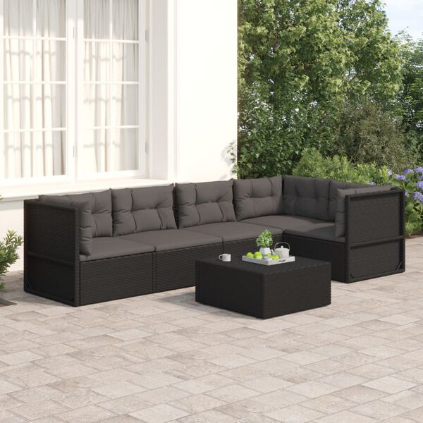 vidaXL 5 pcs conjunto lounge de jardim c/ almofad&otilde;es vime PE preto