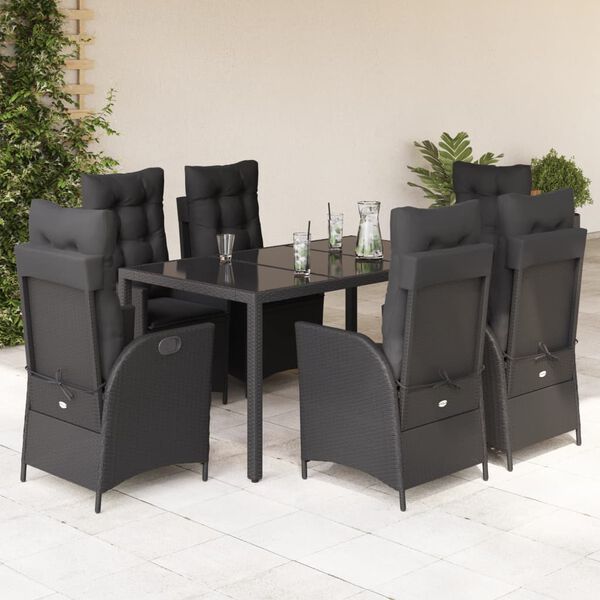 vidaXL 7 pcs conjunto de jantar p/ jardim c/ almofad&otilde;es vime PE preto
