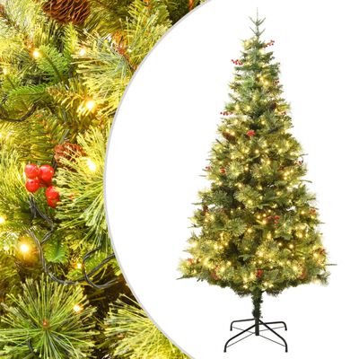 vidaXL Árvore de Natal com pinhas pré-iluminada 225 cm PVC e PE verde