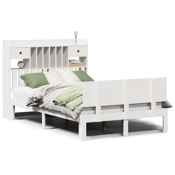 vidaXL Cama com estante sem colch&atilde;o 135x190 cm pinho maci&ccedil;o branco