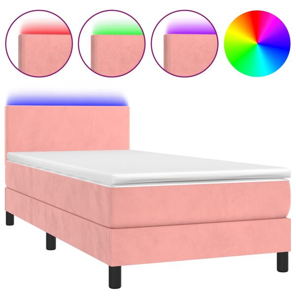 vidaXL Cama box spring c/ colch&atilde;o/LED 90x200 cm veludo rosa