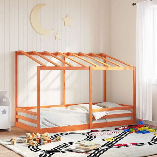 vidaXL Cama infantil com telhado 80x200 cm pinho maci&ccedil;o castanho-mel