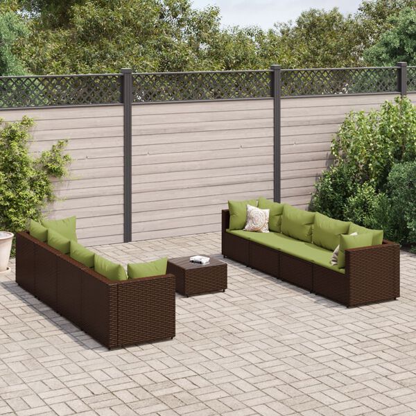 vidaXL 9 pcs conjunto lounge jardim c/ almofad&otilde;es vime PE castanho