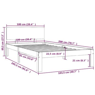vidaXL Estrutura de cama 100x200 cm pinho maciço