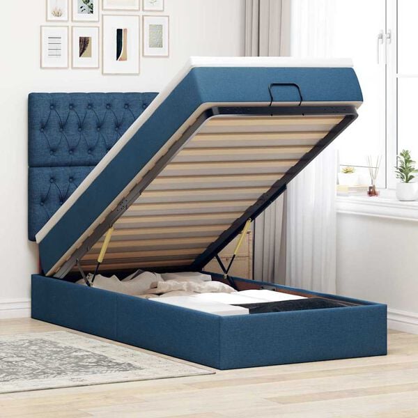 vidaXL Estrutura de cama otomana com colch&atilde;o tecido azul 80x200cm