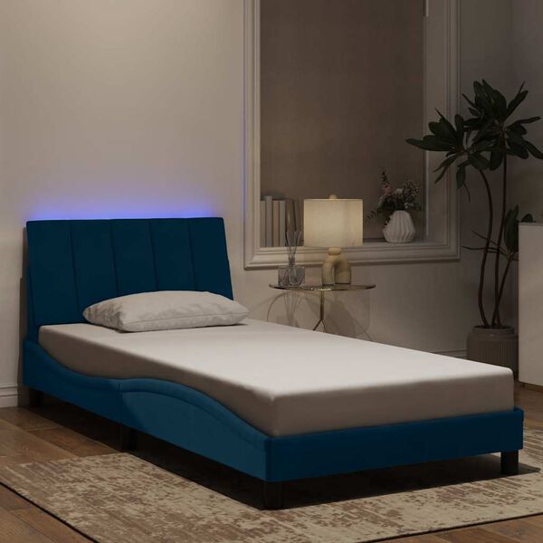 vidaXL Estrutura de cama com LED sem colch&atilde;o Hanko 100x200 cm veludo azul