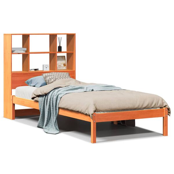 vidaXL Cama com estante sem colch&atilde;o 90x190cm pinho maci&ccedil;o castanho-mel