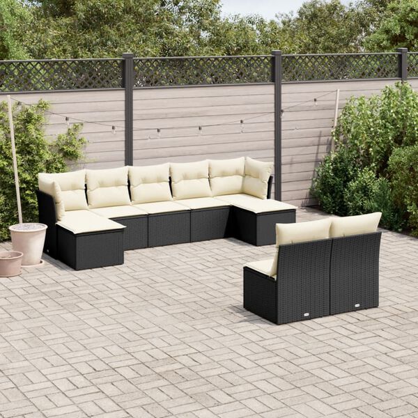 vidaXL 9 pcs conjunto de sof&aacute;s p/ jardim c/ almofad&otilde;es vime PE preto