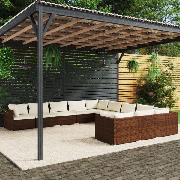 vidaXL 11 pcs conjunto lounge jardim c/ almofad&otilde;es vime PE castanho