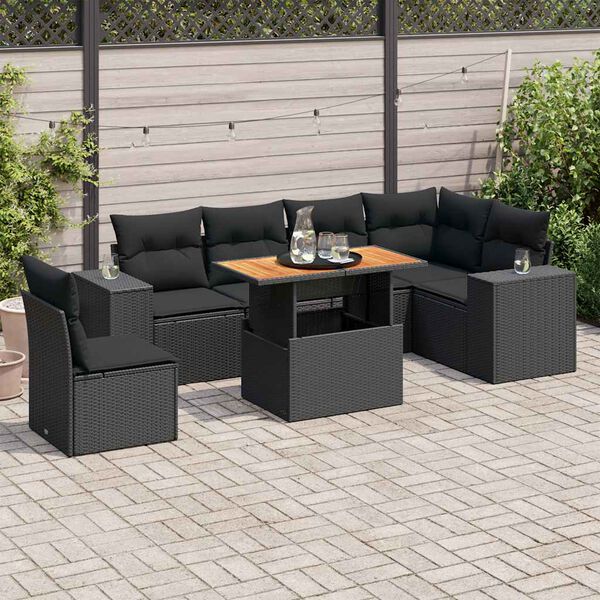 vidaXL 7 pcs conjunto de sof&aacute;s p/ jardim c/ almofad&otilde;es vime PE preto