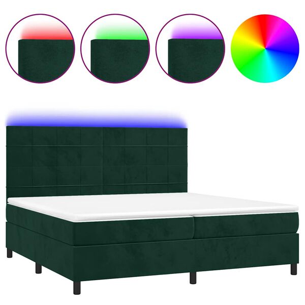 vidaXL Cama box spring c/ colch&atilde;o/LED 200x200 cm veludo verde-escuro