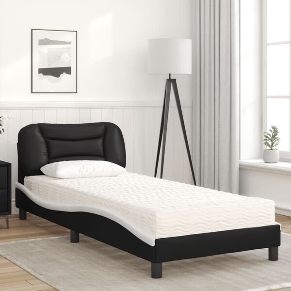 vidaXL Cama com colch&atilde;o Hvar 90x190 cm couro artificial preto e branco
