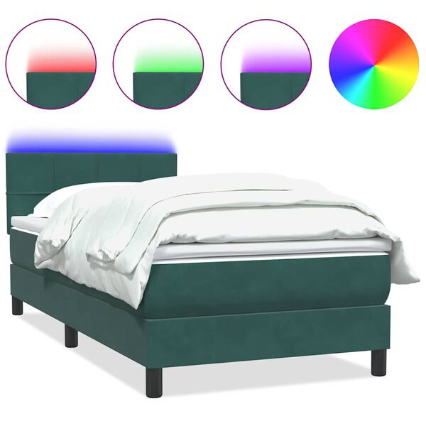 vidaXL Cama box spring c/ colch&atilde;o e LED 100x220 cm veludo verde-escuro