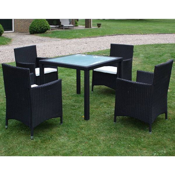 vidaXL 5 pcs conjunto jantar exterior com almofadões vime PE preto